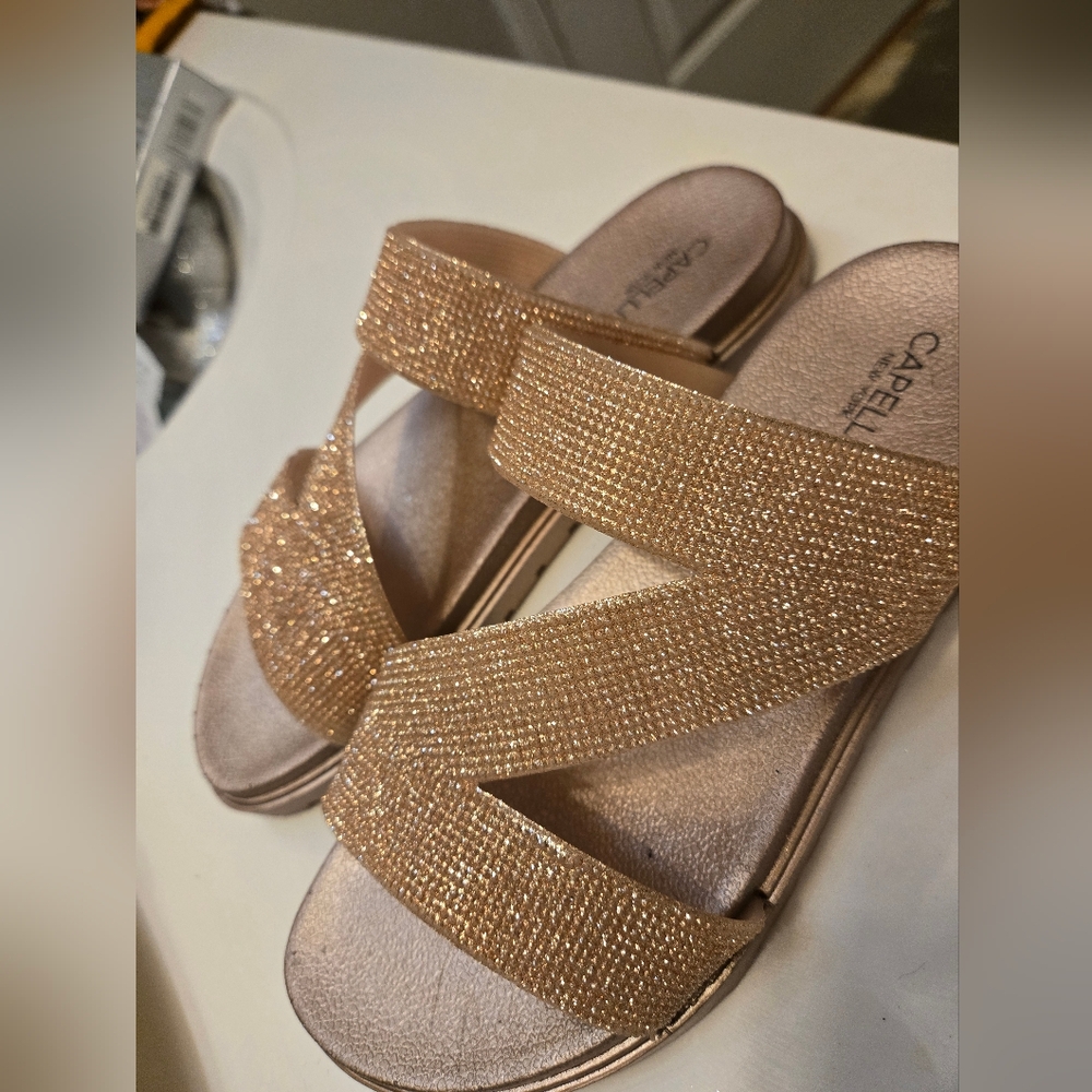 Capelli New York Rhinestone Trim Strappy Slide Sandals